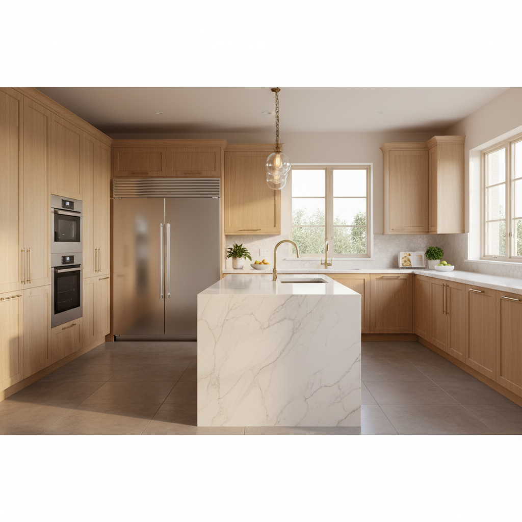 Bright upscale kitchen with integrated premium appliances