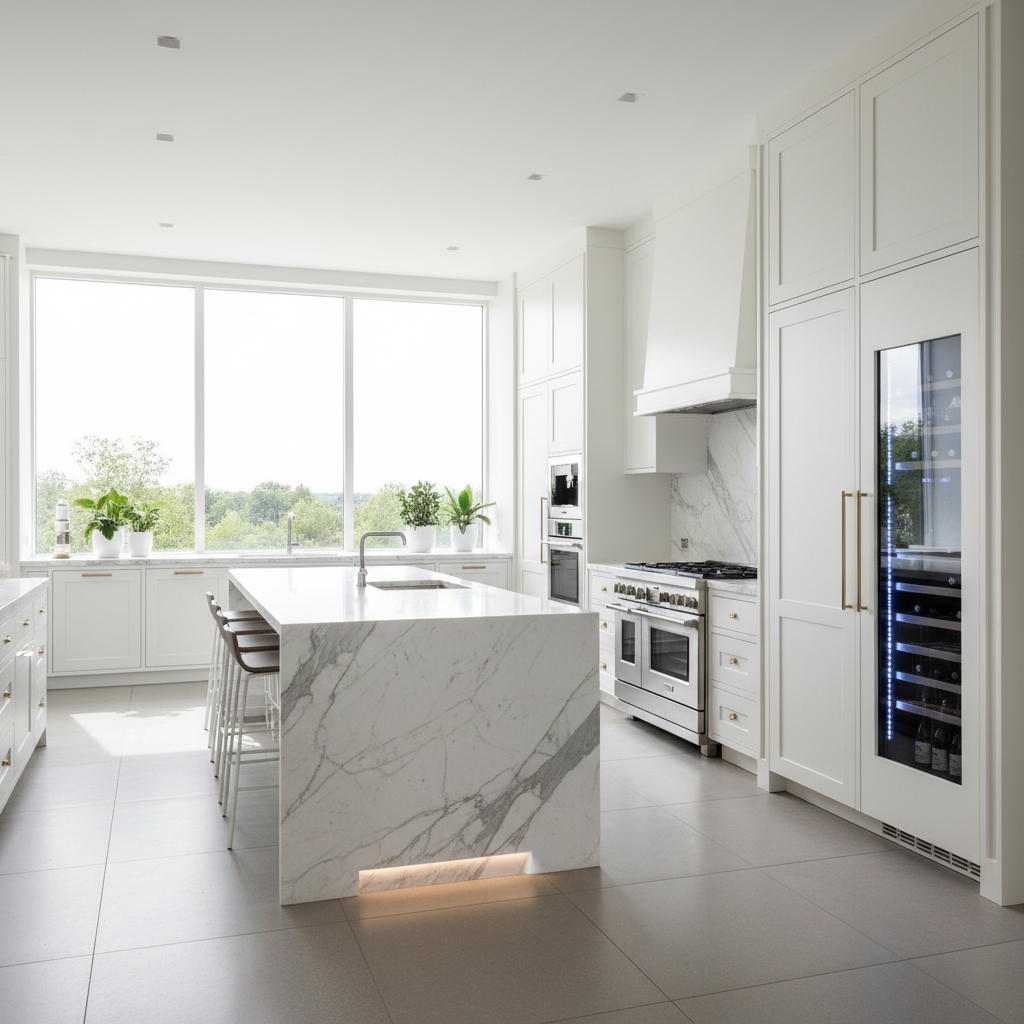 Luxury modern kitchen with built-in refrigerator and premium appliances